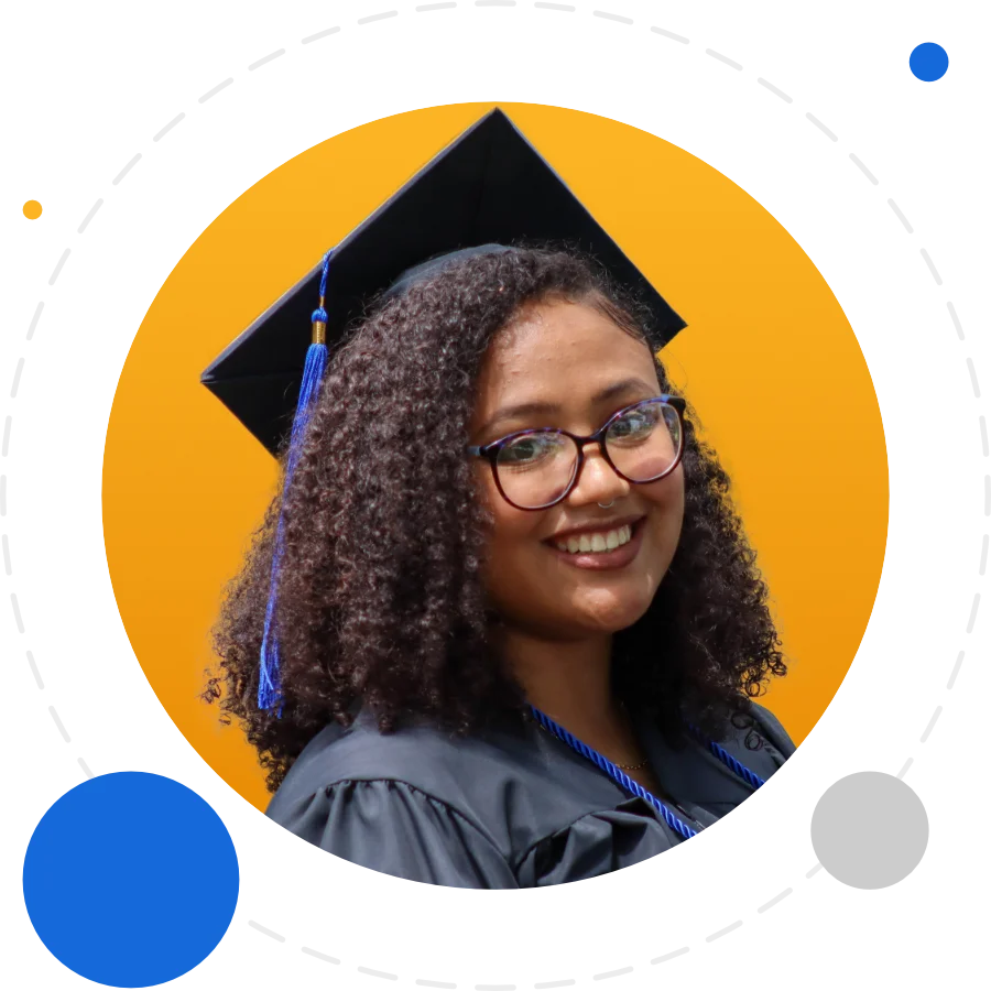Smiling graduate in cap and gown against a bold graphic background at Central Christian College, celebrating academic success and personal achievement.