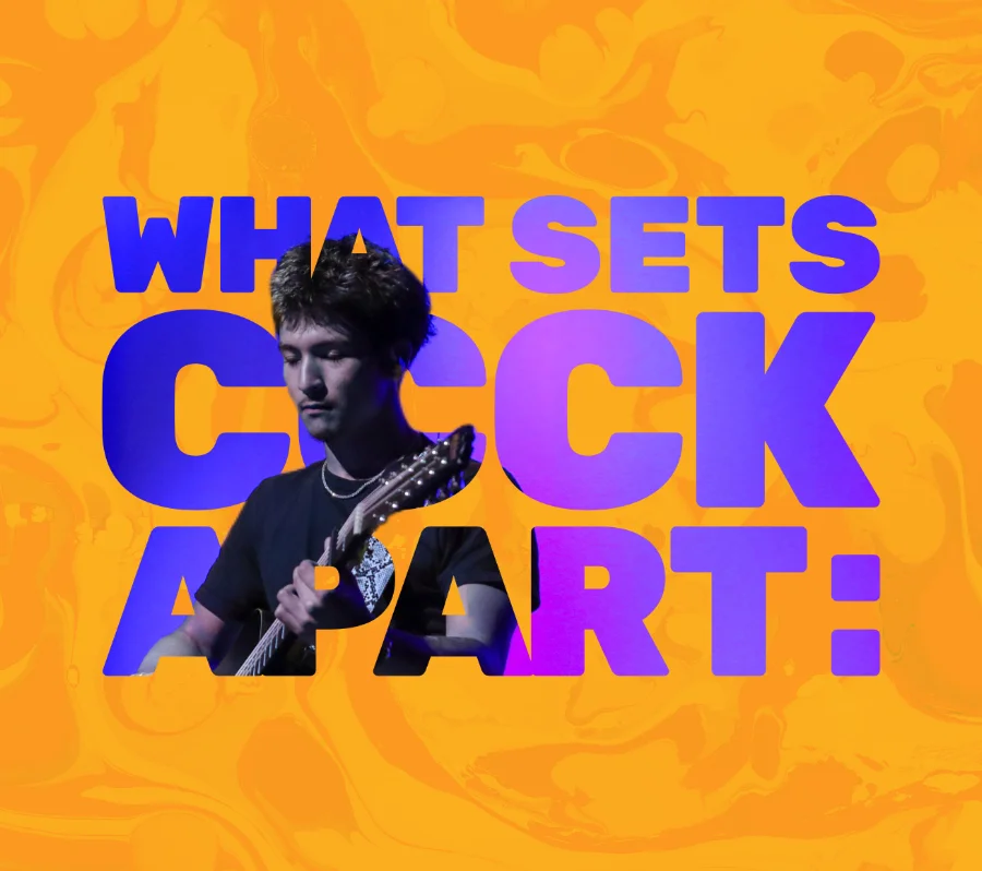 Student musician performing on stage with bold graphic text reading “What Sets CCCK Apart,” highlighting creative arts at Central Christian College.