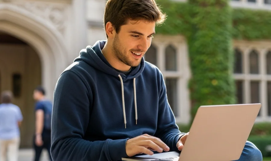 College student working on a laptop outside a campus building at a Christian College, highlighting academic focus and everyday student life.